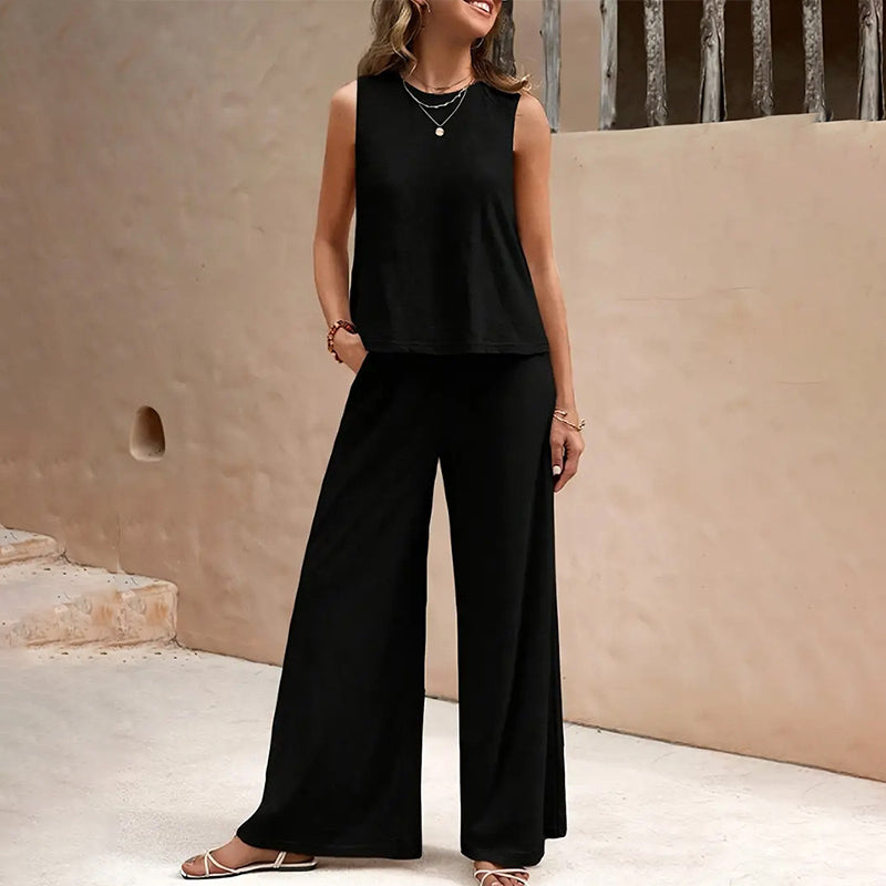 Set met mouwloze top en broek met wijde pijpen in effen kleur