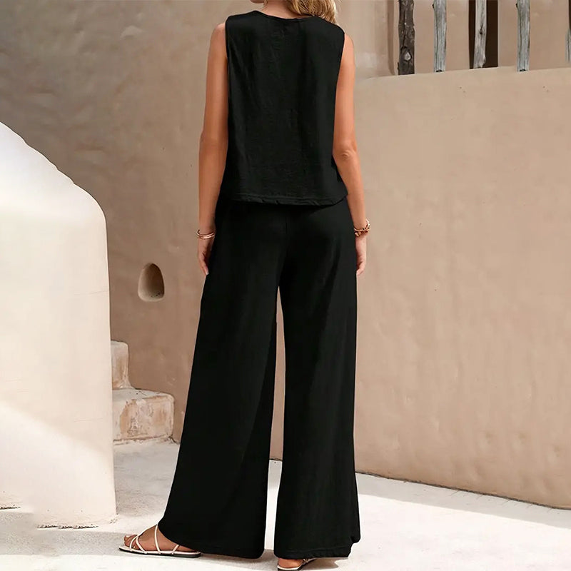 Set met mouwloze top en broek met wijde pijpen in effen kleur