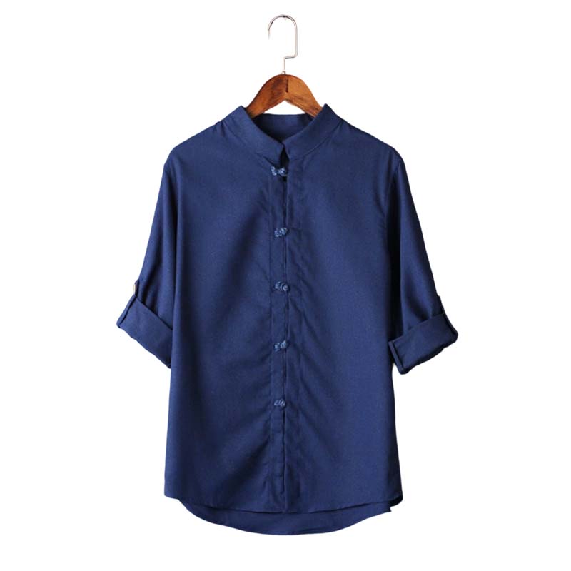 Camisa informal de lino para hombre con cuello mao