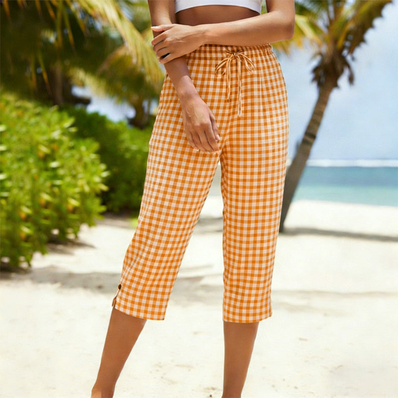 Pantalones capri de cuadros vichy - cordón ajustable, cómodos y transpirables, de algodón y lino