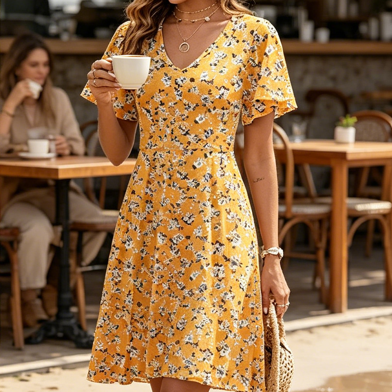 Women Floral Print V-Neck Dress