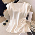 Camiseta de tirantes sedosa de color liso con cuello en V para mujer
