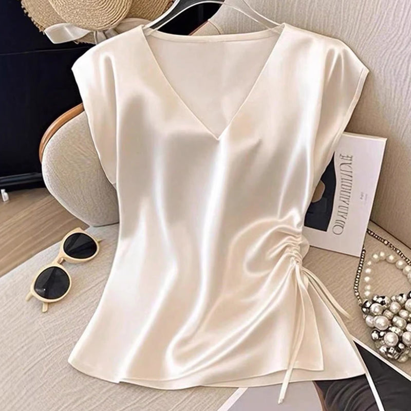Camiseta de tirantes sedosa de color liso con cuello en V para mujer