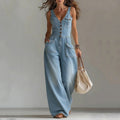 Damesmouwloze jumpsuit van denim met V-hals
