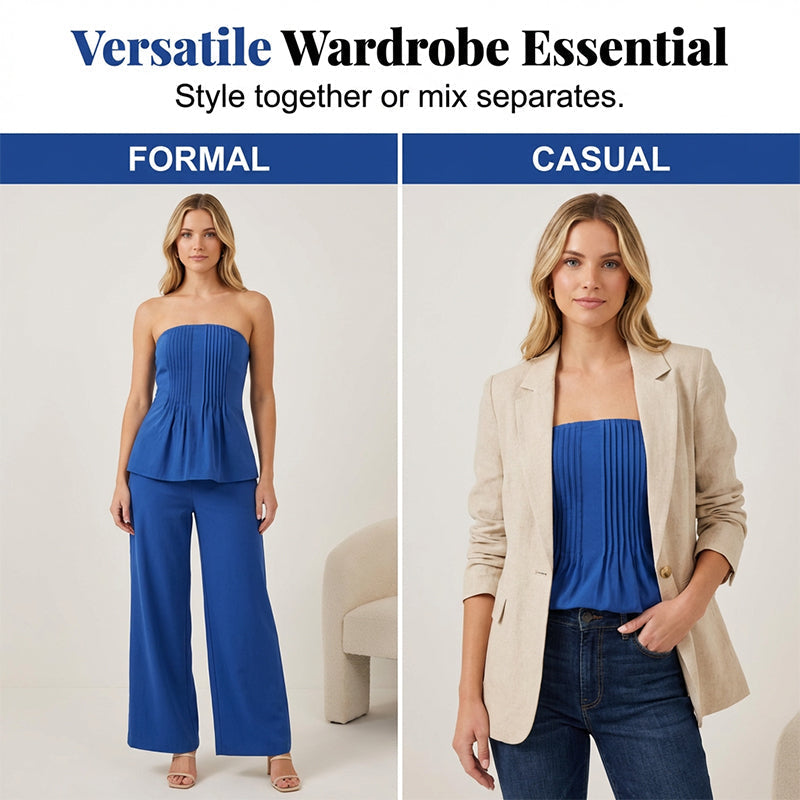 Conjunto de top peplum plisado sin tirantes y pantalones para mujer