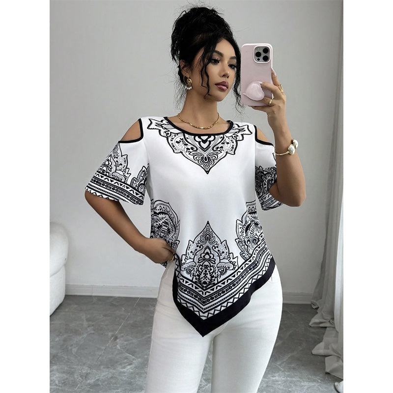 Camiseta boho chic de manga corta, con hombros descubiertos y dobladillo irregular