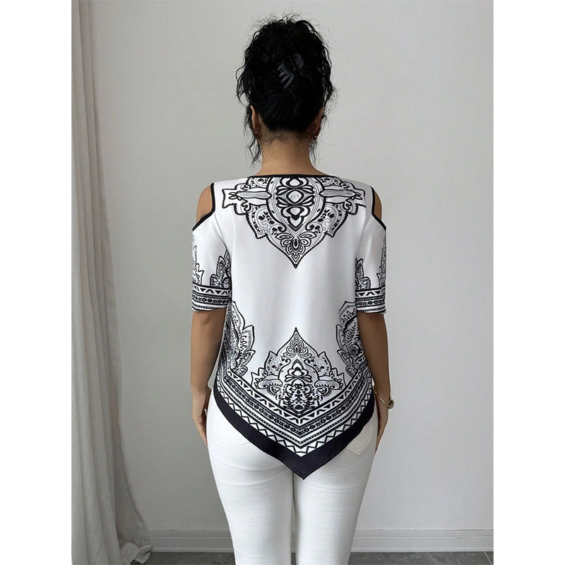 T-shirt bohème chic à manches courtes, épaules dénudées et ourlet asymétrique
