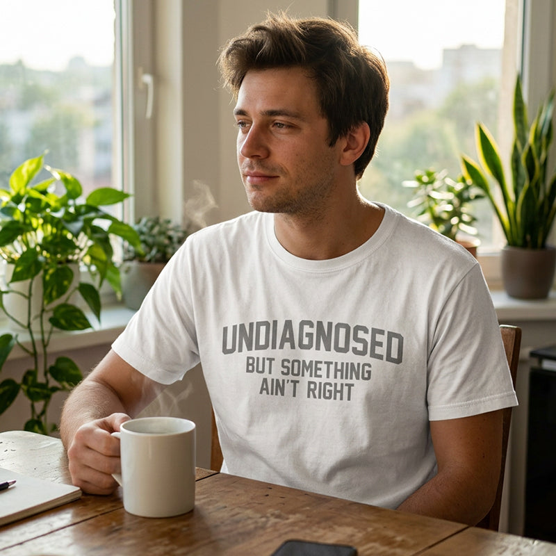 Grappig T-shirt met de slogan ‘Nog niet gediagnosticeerd’ - gevat, zacht en een echte gespreksstarter
