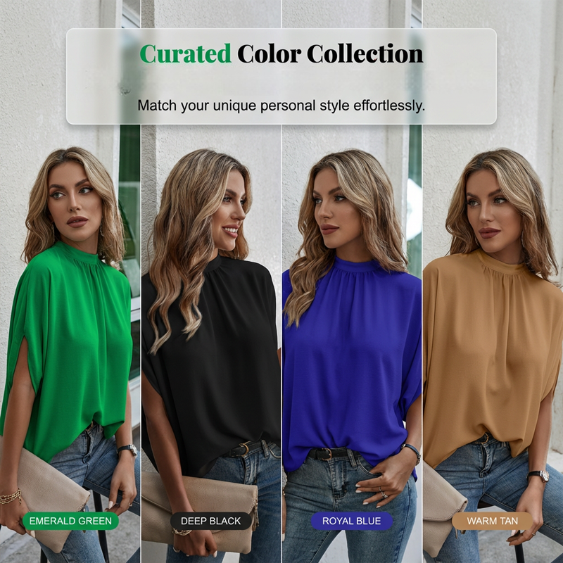 Top de cuello alto para mujer - manga murciélago, corte holgado y caída elegante