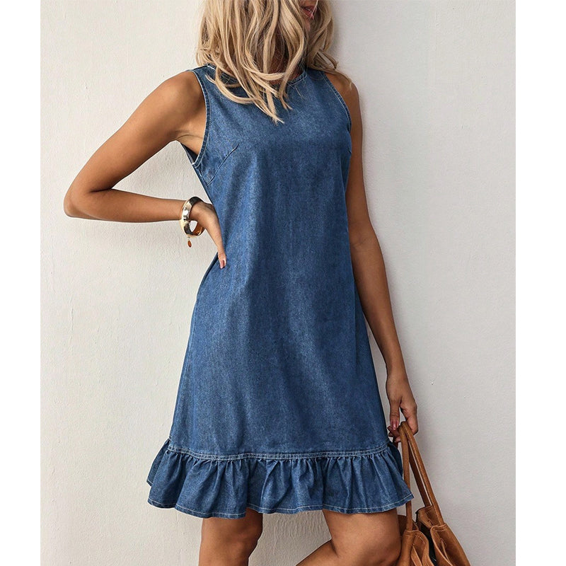 Women's Sleeveless Denim Ruffle Hem Dress