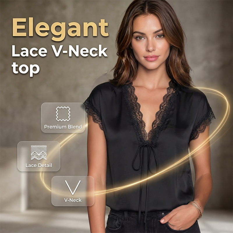 Top da donna in pizzo a maniche corte con scollo a V