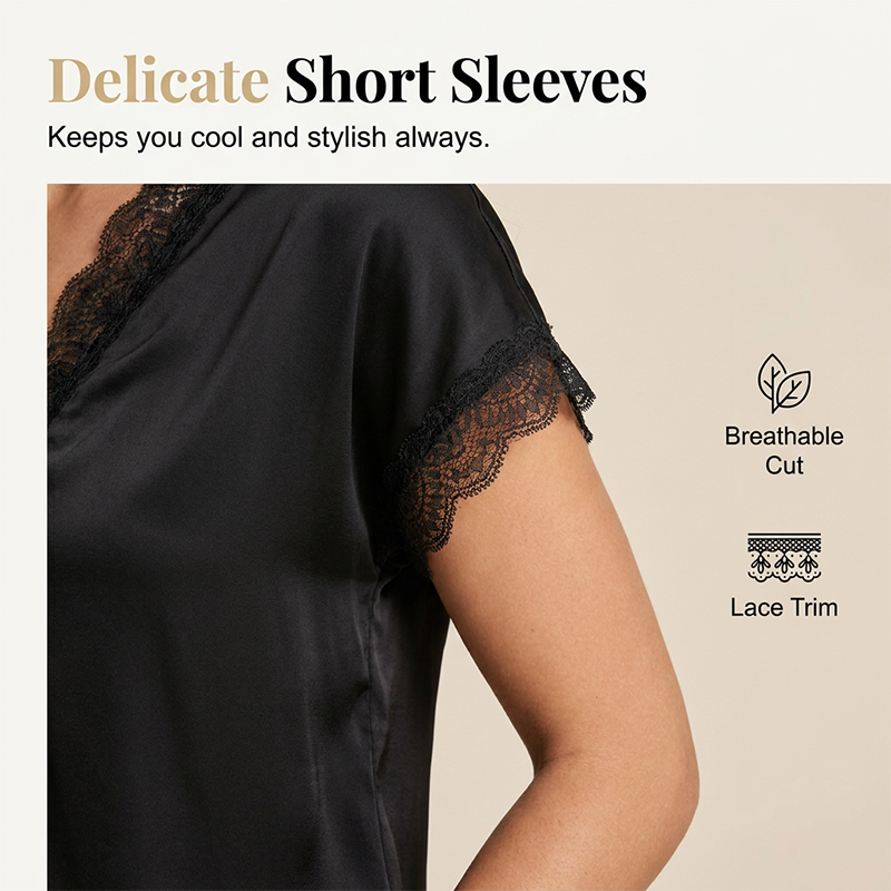 Top da donna in pizzo a maniche corte con scollo a V