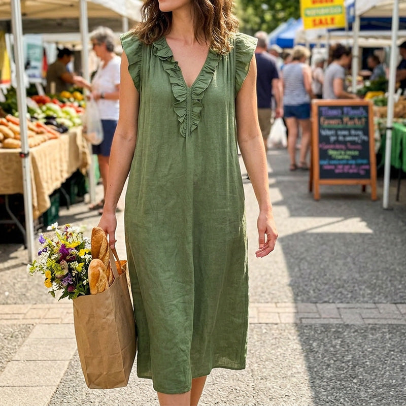 Vestido casual sin mangas con escote en V y volantes para mujer