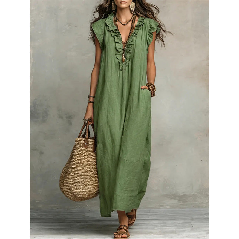 Vestido casual sin mangas con escote en V y volantes para mujer
