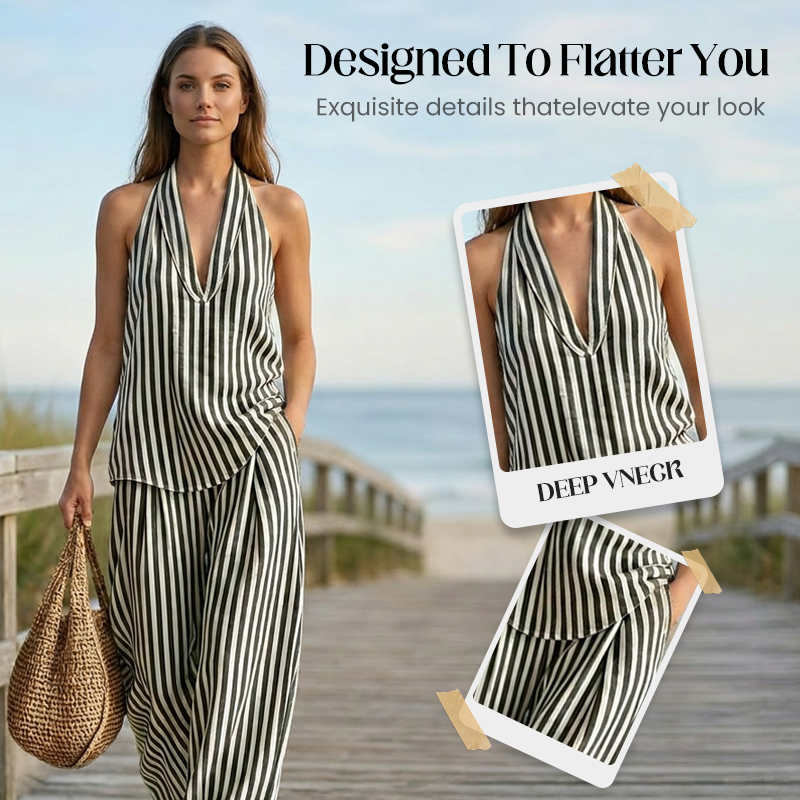 Conjunto de top halter a rayas y pantalones de pierna ancha para mujer
