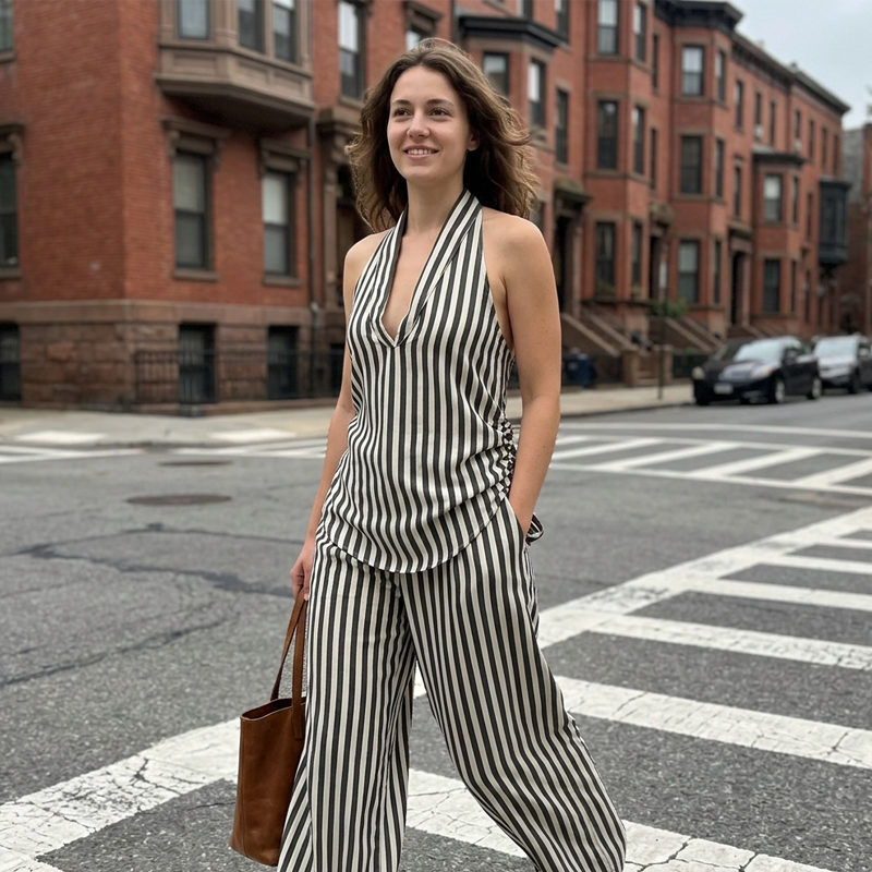 Conjunto de top halter a rayas y pantalones de pierna ancha para mujer