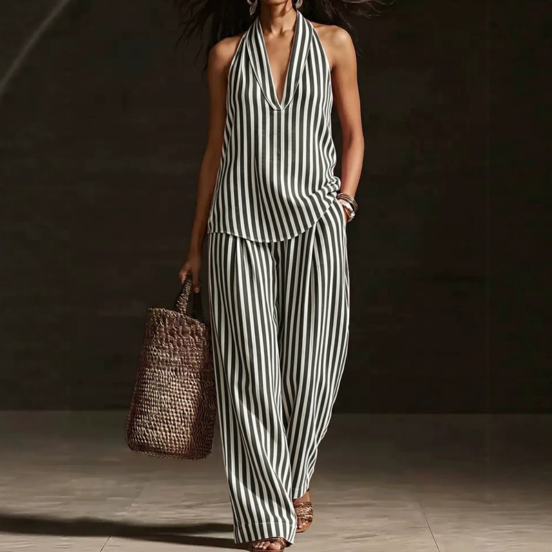Conjunto de top halter a rayas y pantalones de pierna ancha para mujer