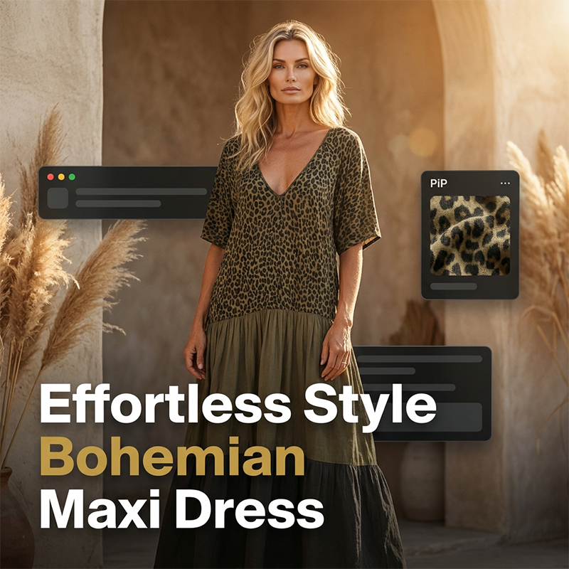 Robe longue bohème à imprimé léopard ¨C col en V, à volants étagés, fluide, style vacances