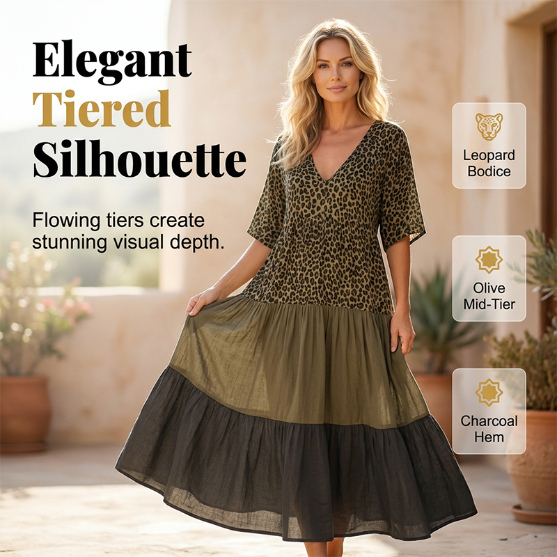 Robe longue bohème à imprimé léopard ¨C col en V, à volants étagés, fluide, style vacances