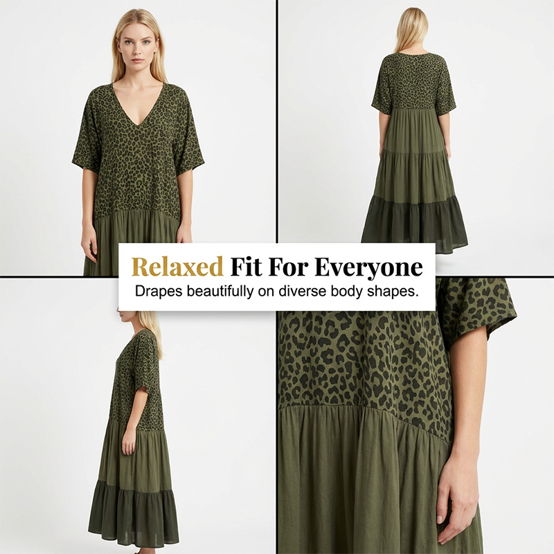 Bohemian maxi-jurk met luipaardprint - V-hals, laagjes, soepelvallende resortstijl