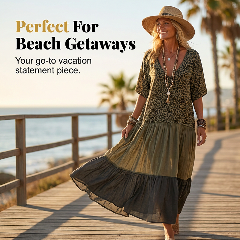 Bohemian maxi-jurk met luipaardprint - V-hals, laagjes, soepelvallende resortstijl