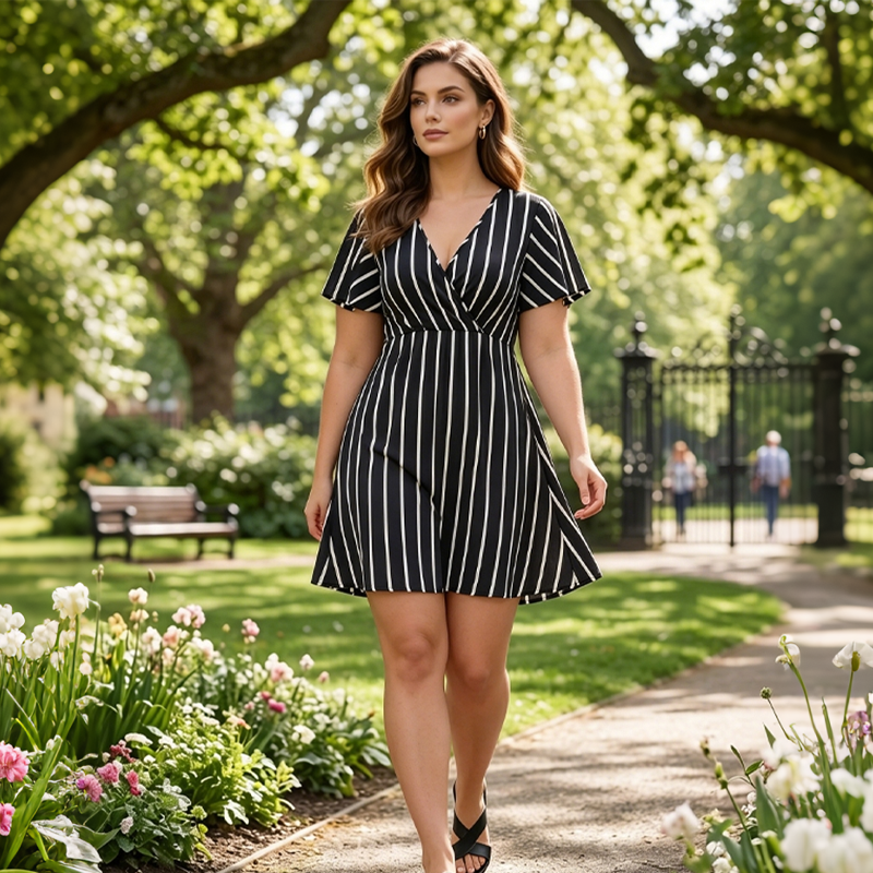 Vestido de talla grande con escote en V y rayas verticales - estiliza, fluido y elegante