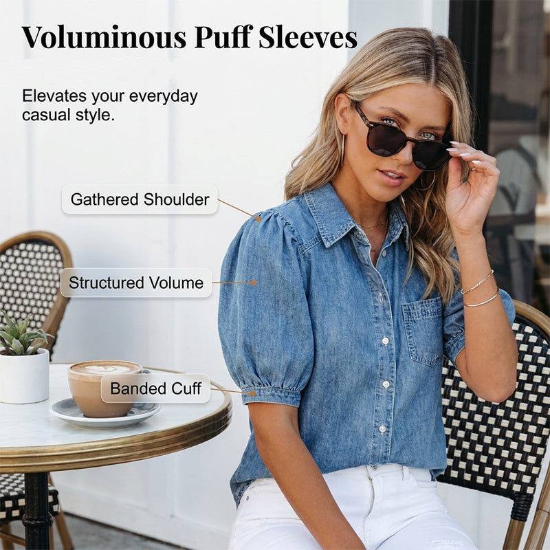 Blusa vaquera de mujer con mangas abullonadas y botones delanteros 