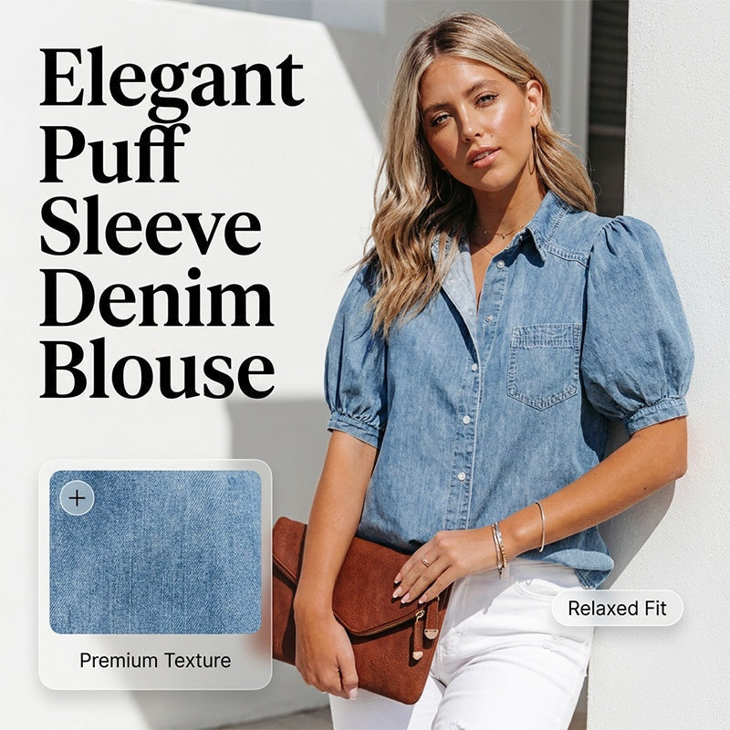 Blusa vaquera de mujer con mangas abullonadas y botones delanteros 