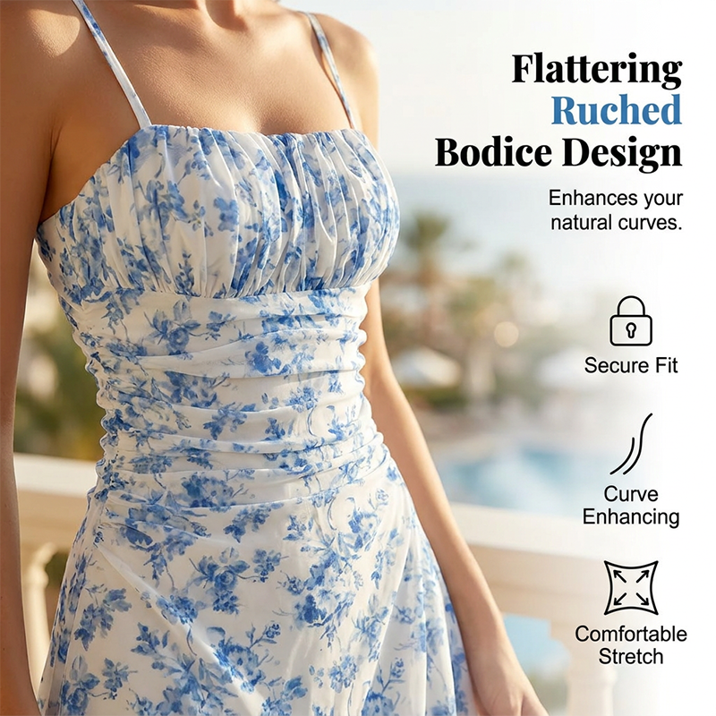 Minivestido floral fruncido - tirantes finos, espalda descubierta, ideal para la playa