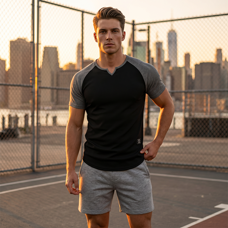 Camiseta deportiva para hombre con manga raglán y escote en V