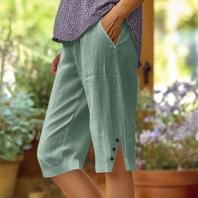 Pantalones capri informales de color liso con bolsillos para mujer