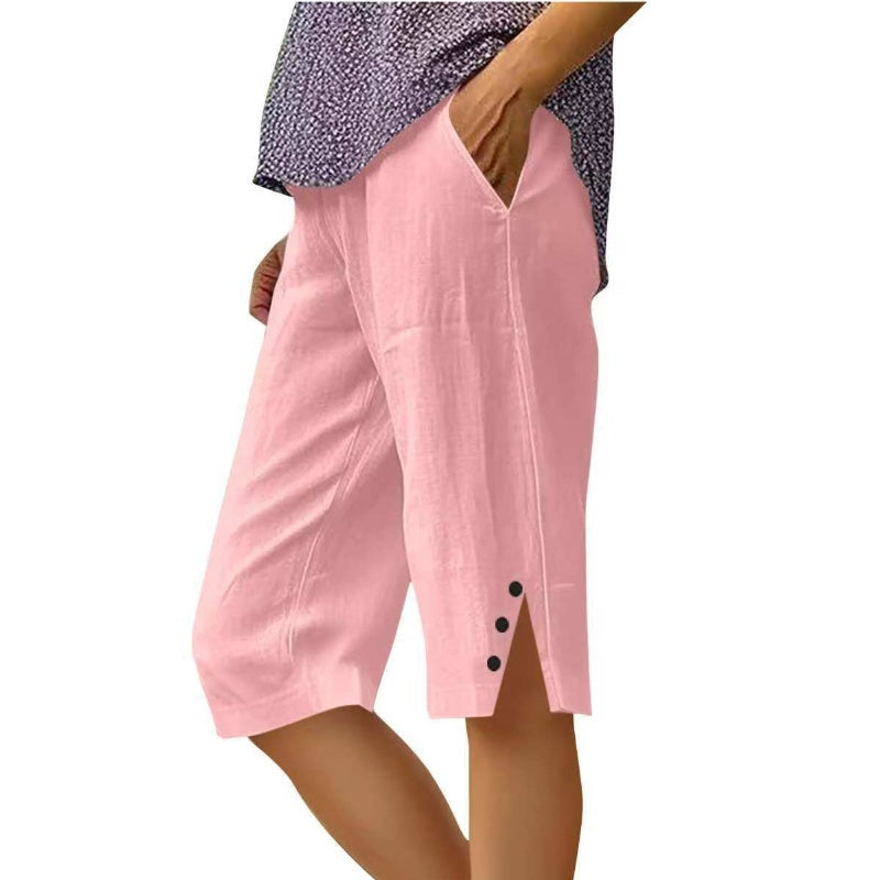 Pantalones capri informales de color liso con bolsillos para mujer