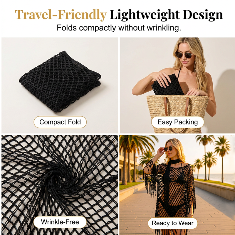 Women¡¯s Hollow-Out Fishnet Tassel Poncho