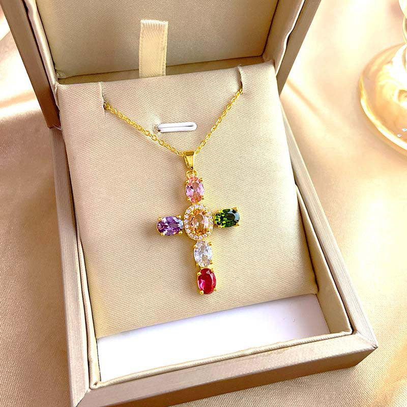 Ketting met kleurrijke zirkonia en kruis voor dames