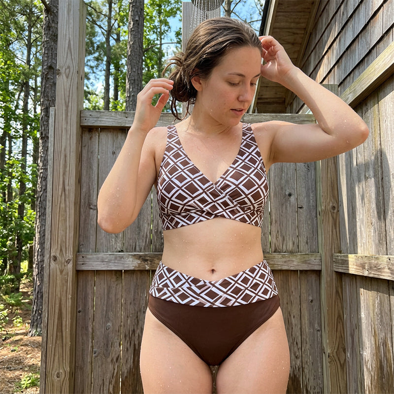 Costume bikini estivo da donna a due pezzi a vita alta