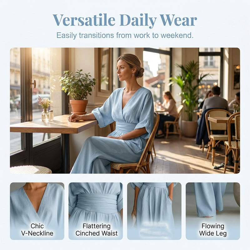 Combinaison pour femme à col en V, taille haute et jambes larges