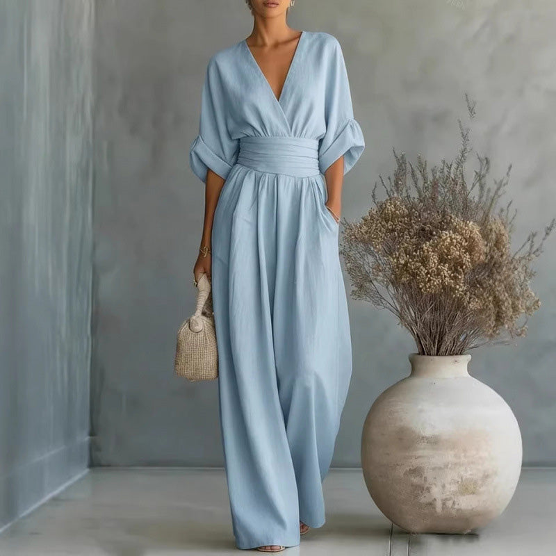 Combinaison pour femme à col en V, taille haute et jambes larges