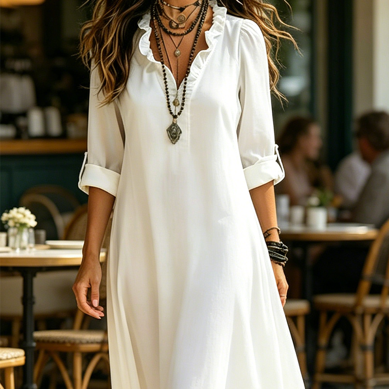 Robe longue bohème à volants et col en V