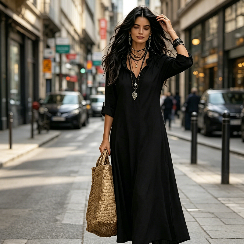 Robe longue bohème à volants et col en V