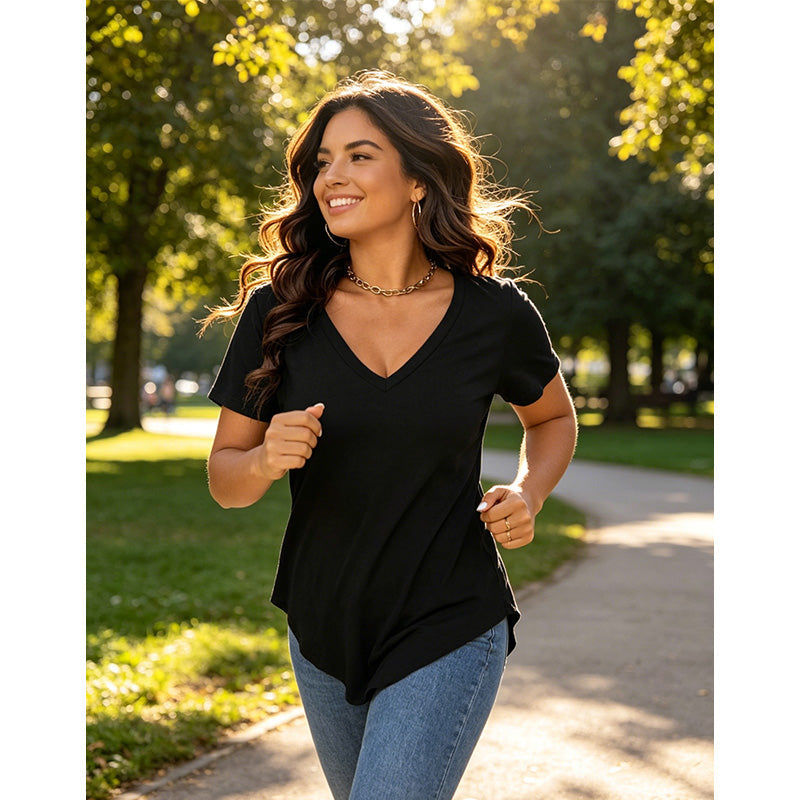 Camiseta informal de manga corta con cuello en V para mujer
