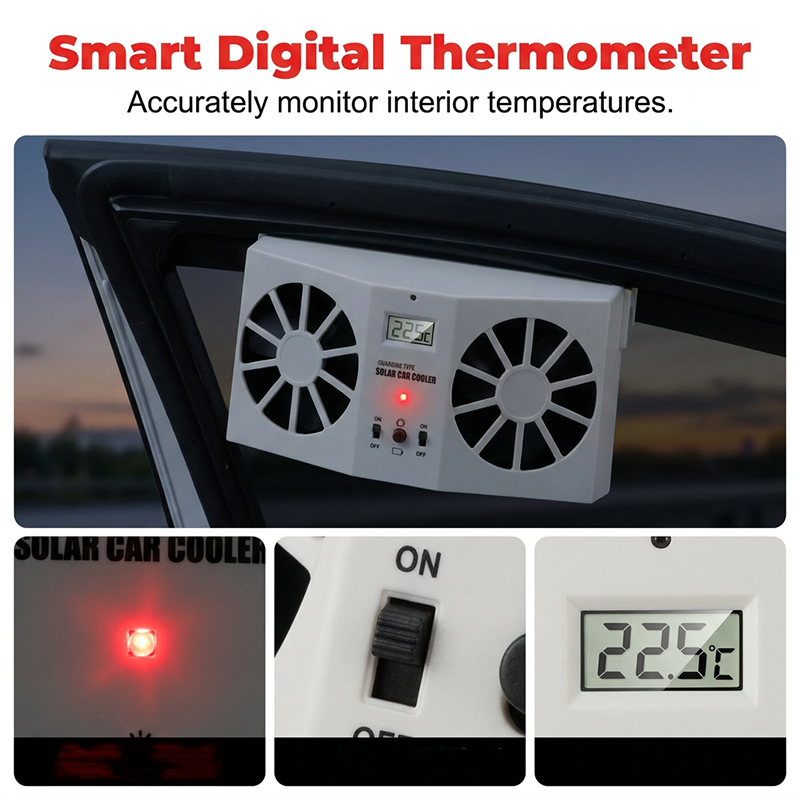 Ventilator voor auto-uitlaat op zonne-energie¨C dubbele turboventilatie en temperatuurweergave