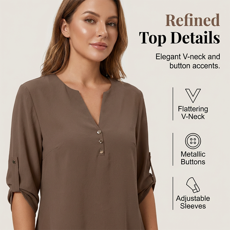 Women's V-Neck Top & Print Wide-Leg Pants Set