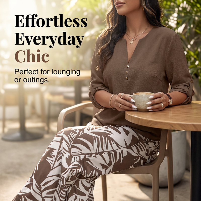 Women's V-Neck Top & Print Wide-Leg Pants Set