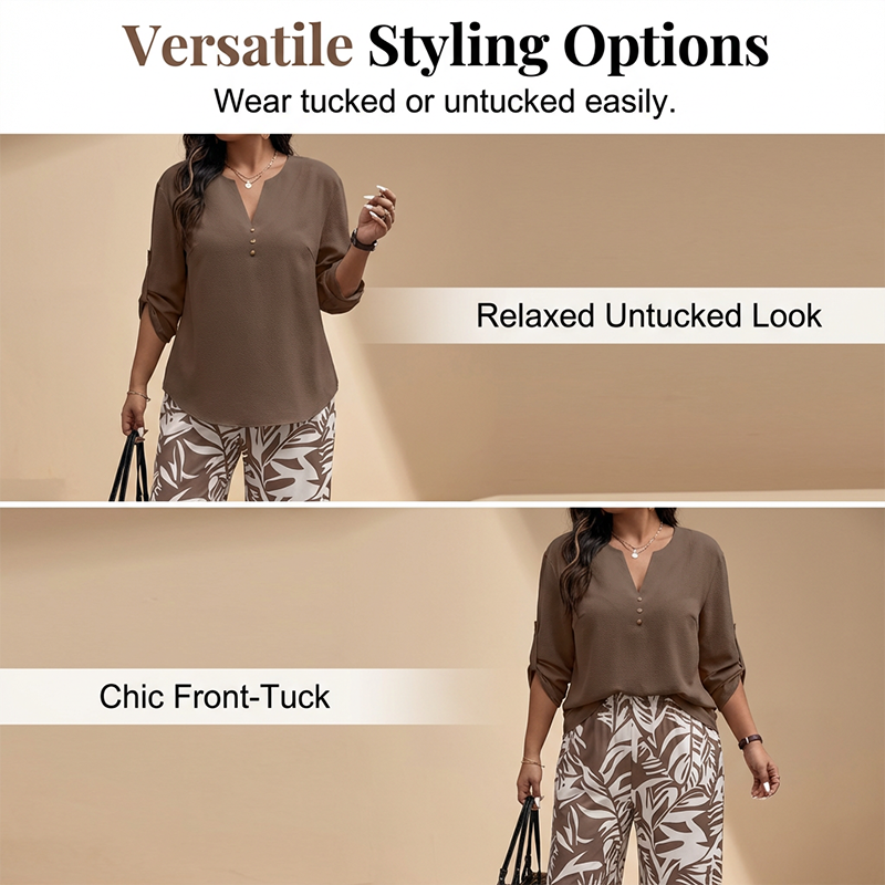 Women's V-Neck Top & Print Wide-Leg Pants Set