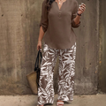Women's V-Neck Top & Print Wide-Leg Pants Set
