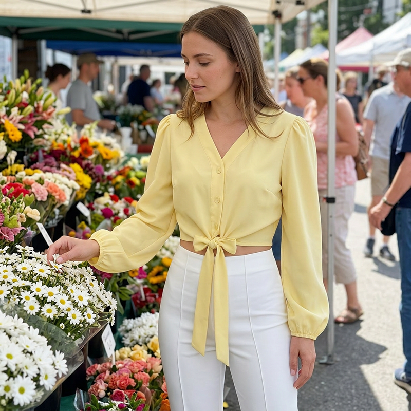 Top elegante da donna con scollo a V e cintura in vita