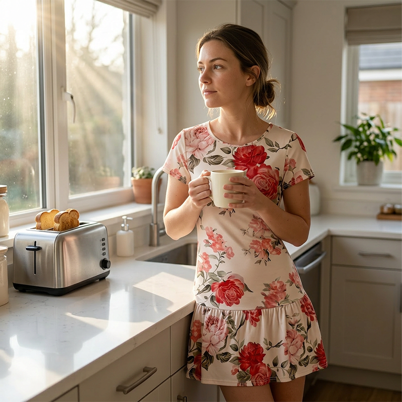 Elegante jurk voor dames met bloemenprint en ruches aan de zoom