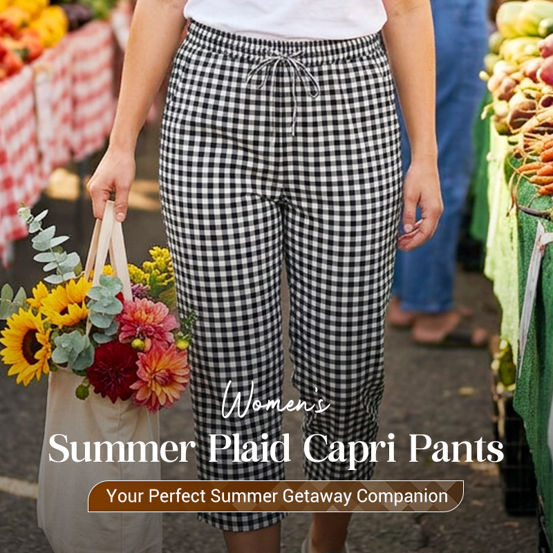 Pantalones capri de cuadros vichy - cordón ajustable, cómodos y transpirables, de algodón y lino