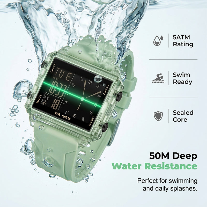 Speciale orologio digitale trasparente impermeabile - impermeabilità fino a 50 m, display luminoso, indicazione dell'ora ibrida