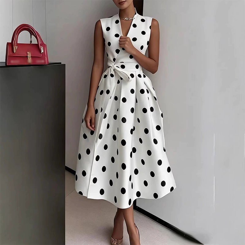 Abito da donna senza maniche con scollo a V e stampa a pois